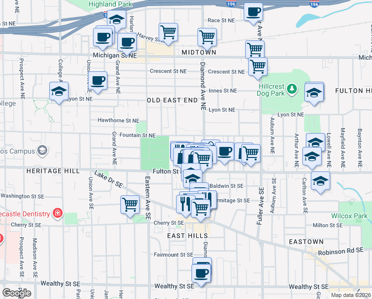 map of restaurants, bars, coffee shops, grocery stores, and more near 904 Zeeland Court Northeast in Grand Rapids