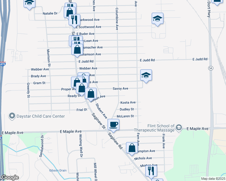 map of restaurants, bars, coffee shops, grocery stores, and more near 2164 Savoy Avenue in Burton