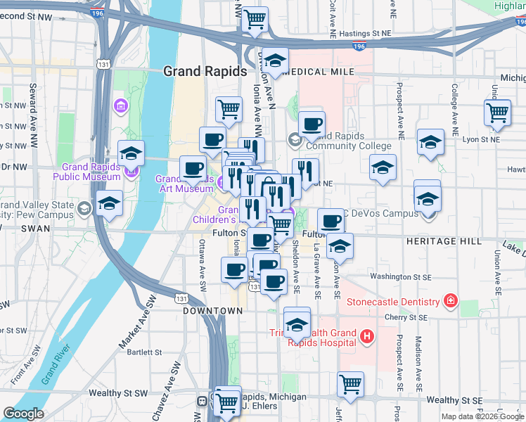 map of restaurants, bars, coffee shops, grocery stores, and more near 50 Monroe Center Street Northwest in Grand Rapids