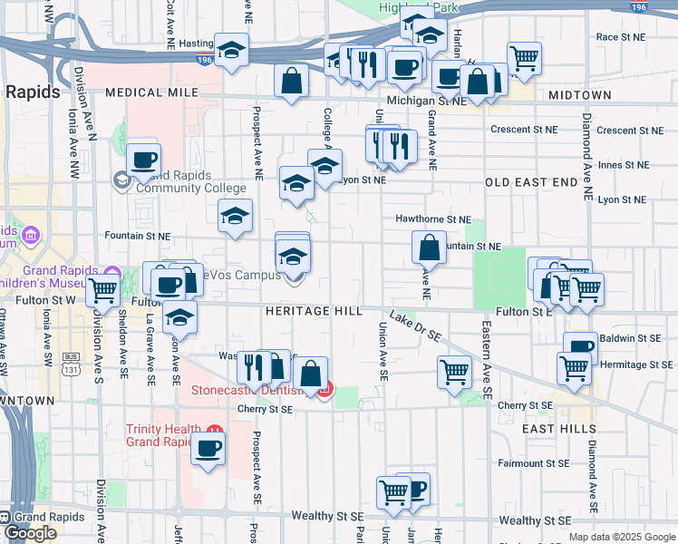 map of restaurants, bars, coffee shops, grocery stores, and more near 40 College Avenue Northeast in Grand Rapids