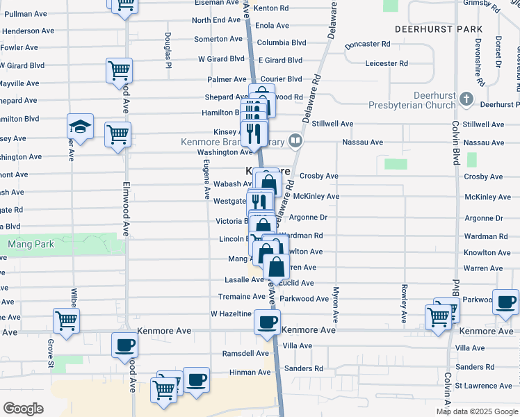 map of restaurants, bars, coffee shops, grocery stores, and more near 2943 Delaware Avenue in Kenmore