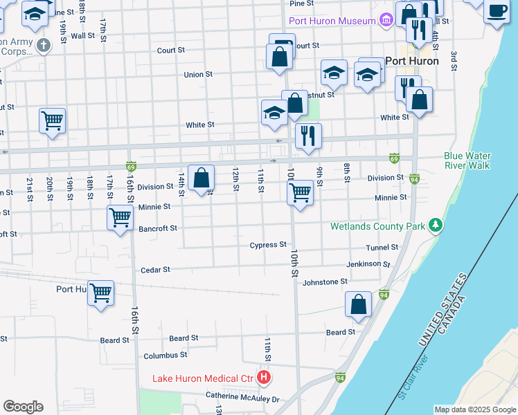 map of restaurants, bars, coffee shops, grocery stores, and more near 1037 Minnie Street in Port Huron