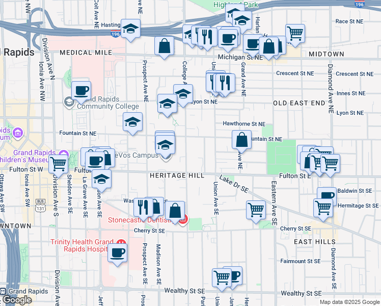 map of restaurants, bars, coffee shops, grocery stores, and more near 50 College Avenue Northeast in Grand Rapids