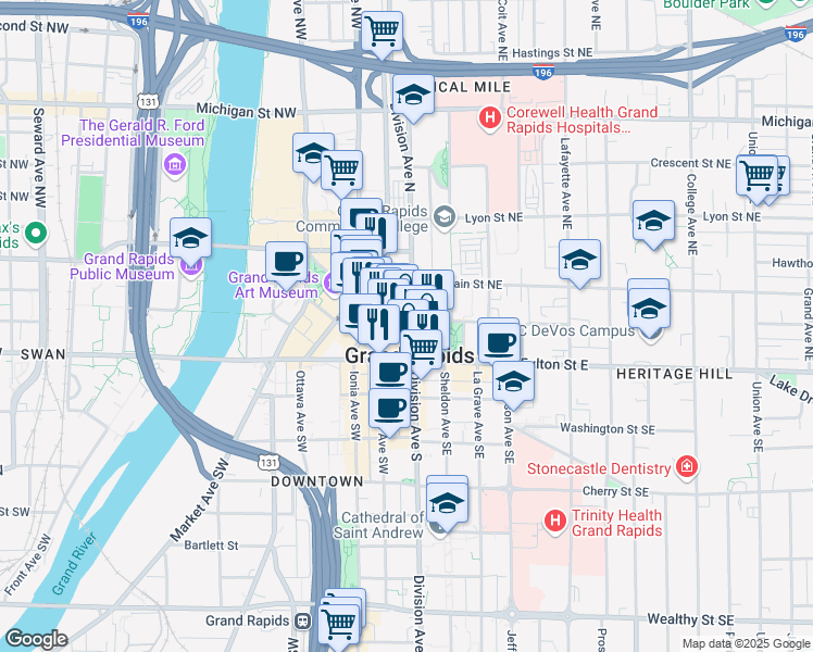 map of restaurants, bars, coffee shops, grocery stores, and more near 60 Division Avenue North in Grand Rapids