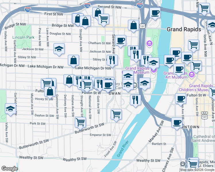 map of restaurants, bars, coffee shops, grocery stores, and more near 35 Seward Avenue Northwest in Grand Rapids