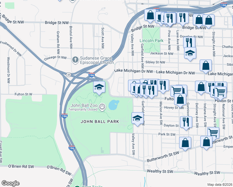 map of restaurants, bars, coffee shops, grocery stores, and more near 1325 Fulton Street West in Grand Rapids