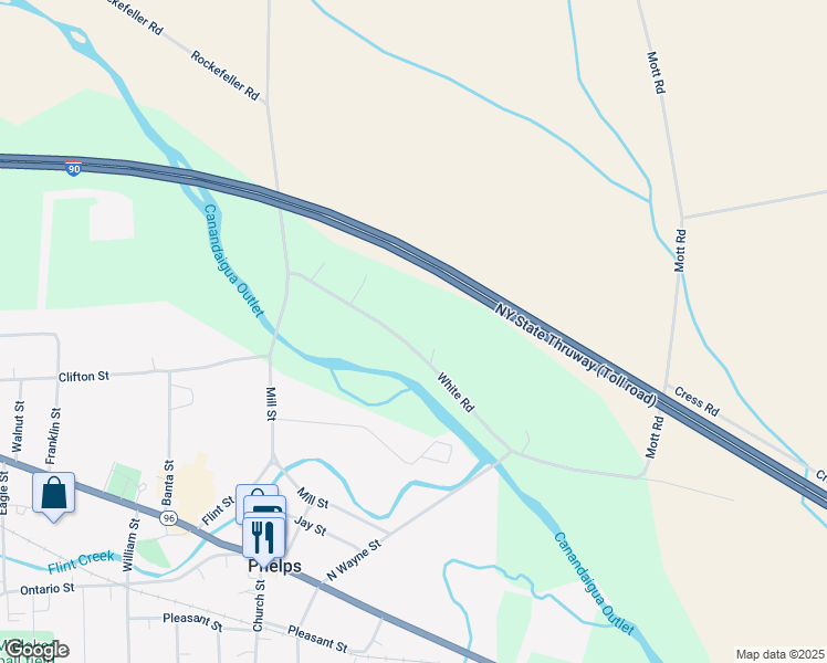 map of restaurants, bars, coffee shops, grocery stores, and more near 1372 White Road in Phelps