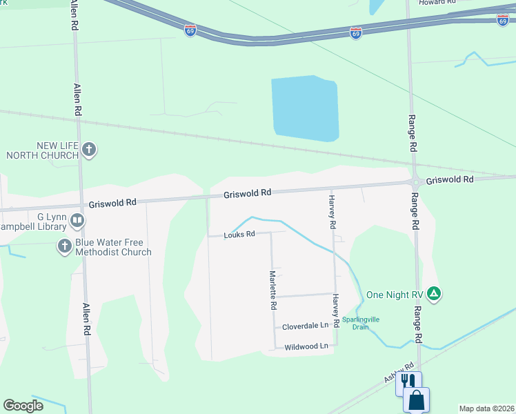 map of restaurants, bars, coffee shops, grocery stores, and more near 4741 Griswold Road in Smiths Creek