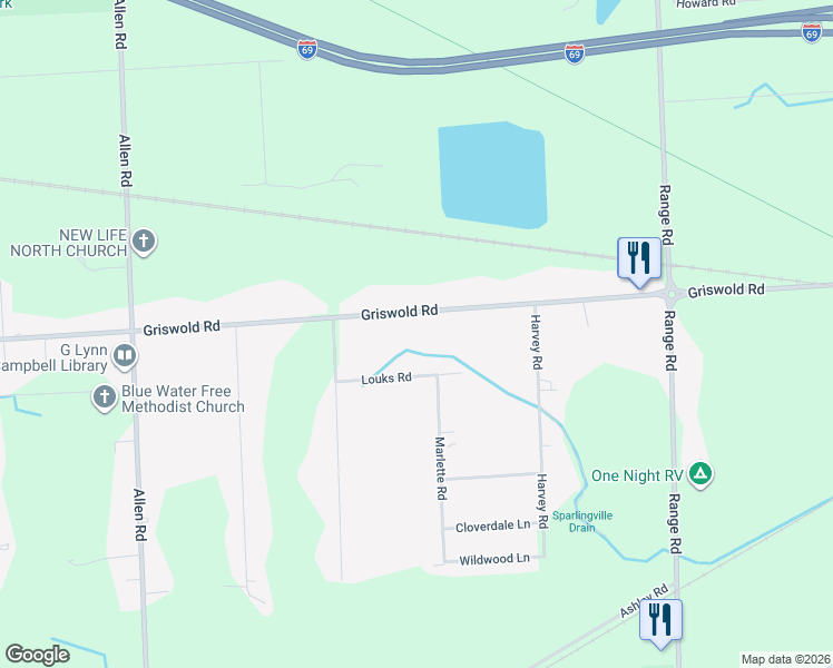 map of restaurants, bars, coffee shops, grocery stores, and more near 4741 Griswold Road in Smiths Creek