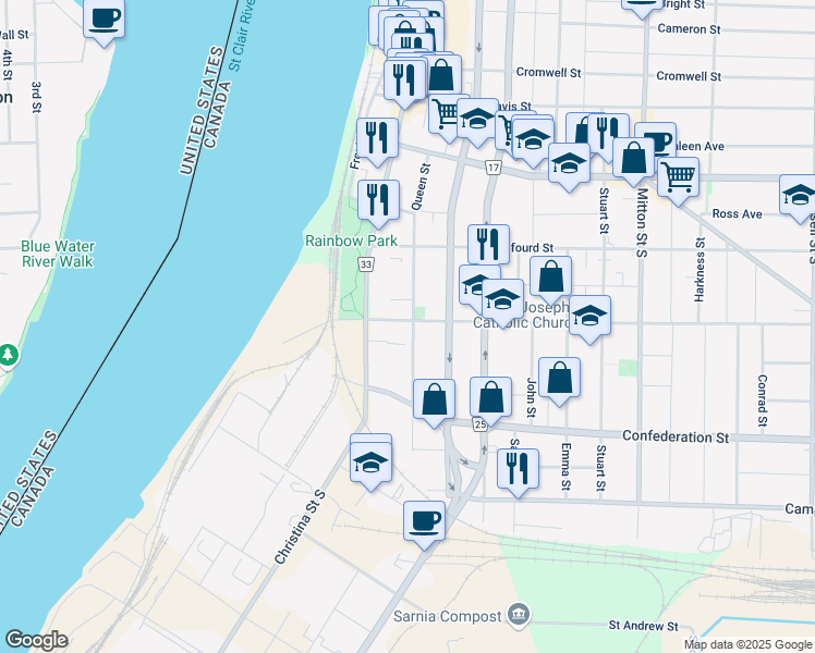 map of restaurants, bars, coffee shops, grocery stores, and more near 243 Devine Street in Sarnia