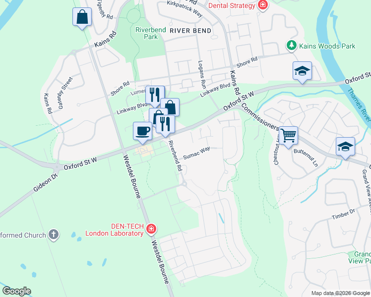 map of restaurants, bars, coffee shops, grocery stores, and more near 1220 Riverbend Road in London