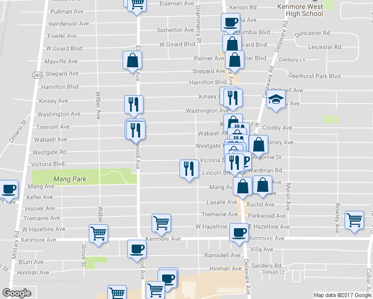 map of restaurants, bars, coffee shops, grocery stores, and more near 116 Westgate Road in Buffalo