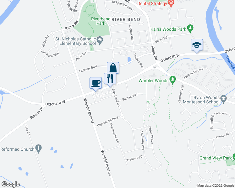 map of restaurants, bars, coffee shops, grocery stores, and more near 1228 Riverbend Road in London