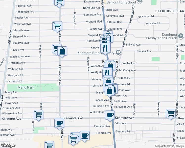 map of restaurants, bars, coffee shops, grocery stores, and more near 74 Westgate Rd in Buffalo