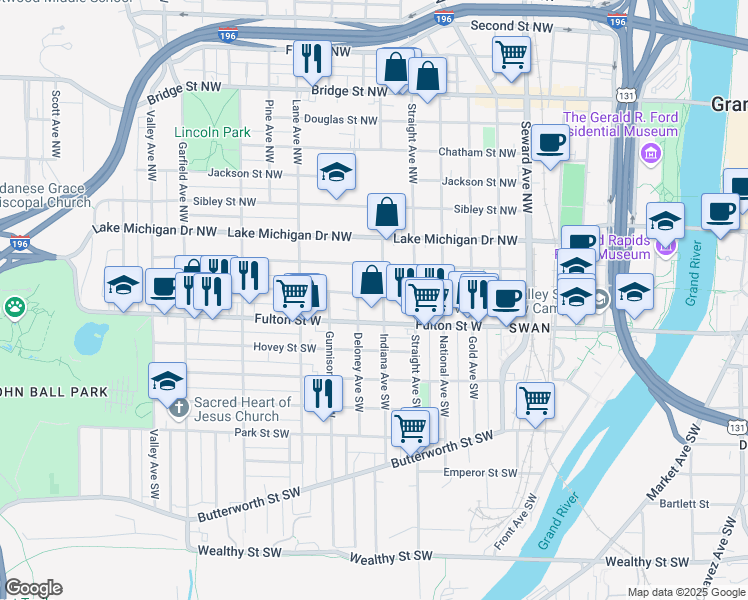 map of restaurants, bars, coffee shops, grocery stores, and more near 844 Veto Street Northwest in Grand Rapids