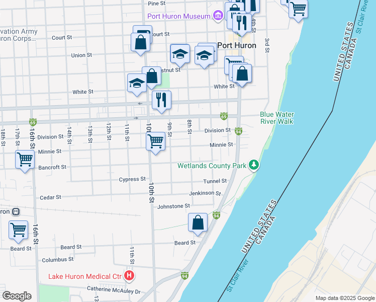 map of restaurants, bars, coffee shops, grocery stores, and more near 826 Minnie Street in Port Huron
