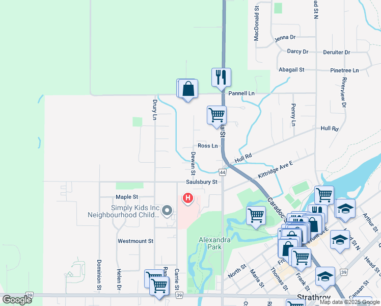 map of restaurants, bars, coffee shops, grocery stores, and more near 520 Dewan Street in Strathroy