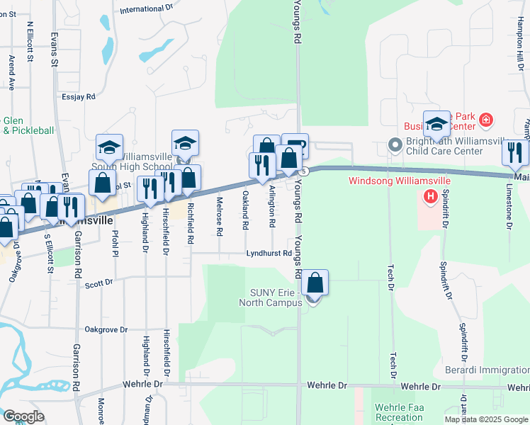map of restaurants, bars, coffee shops, grocery stores, and more near 44 Arlington Road in Buffalo