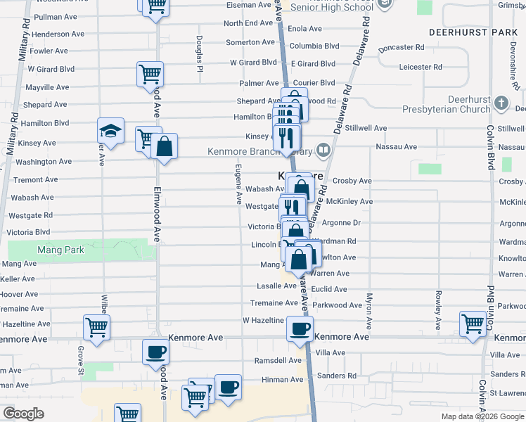 map of restaurants, bars, coffee shops, grocery stores, and more near 74 Westgate Road in Buffalo