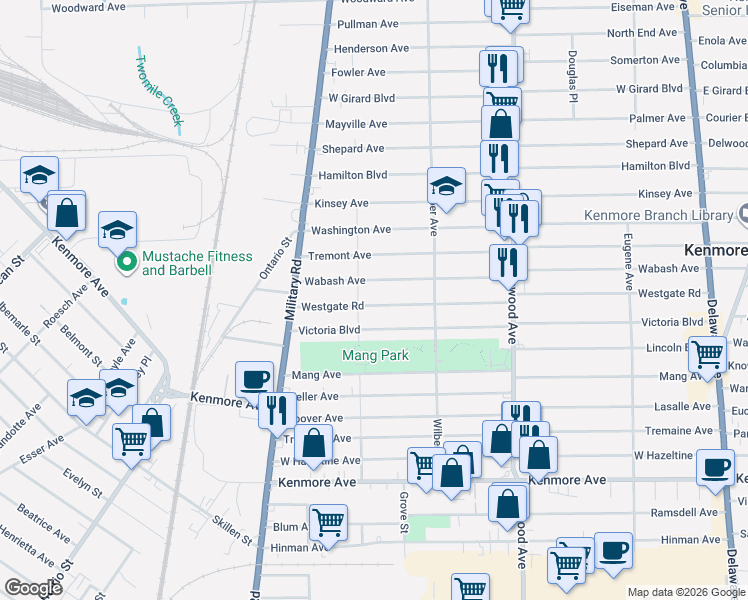 map of restaurants, bars, coffee shops, grocery stores, and more near 389 Westgate Road in Buffalo