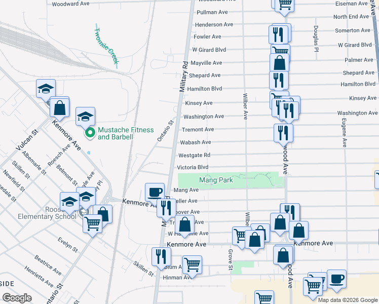 map of restaurants, bars, coffee shops, grocery stores, and more near 429 Westgate Road in Buffalo