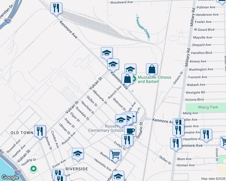 map of restaurants, bars, coffee shops, grocery stores, and more near 390 Roesch Avenue in Buffalo
