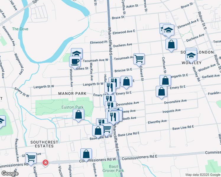 map of restaurants, bars, coffee shops, grocery stores, and more near 387 Wharncliffe Road South in London