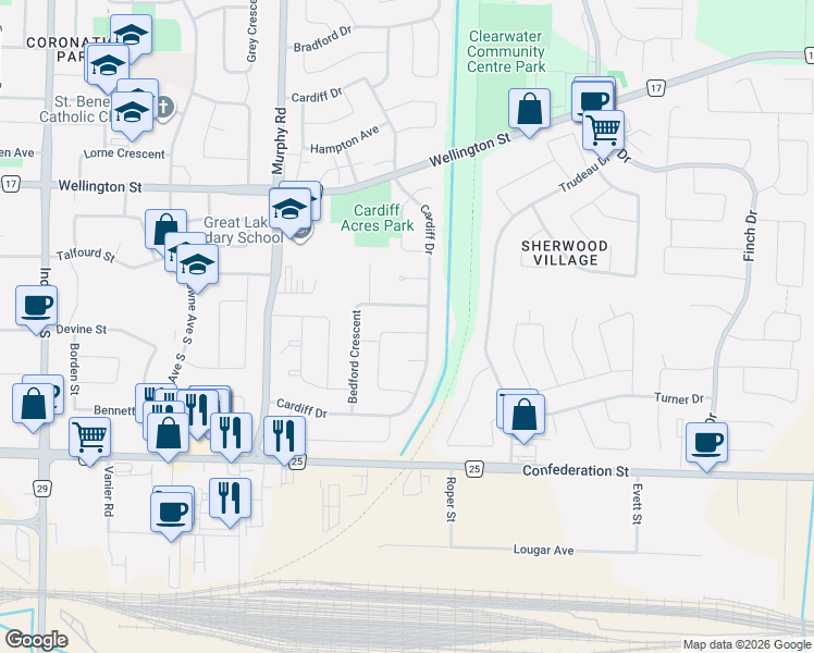 map of restaurants, bars, coffee shops, grocery stores, and more near 1311 Ascot Cir in Sarnia