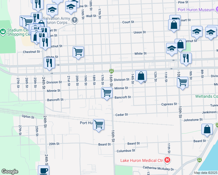 map of restaurants, bars, coffee shops, grocery stores, and more near 1818 17th Street in Port Huron