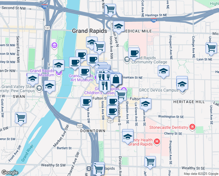 map of restaurants, bars, coffee shops, grocery stores, and more near 77 Monroe Center Street Northwest in Grand Rapids