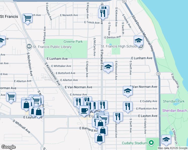 map of restaurants, bars, coffee shops, grocery stores, and more near 3553 East Bottsford Avenue in Cudahy