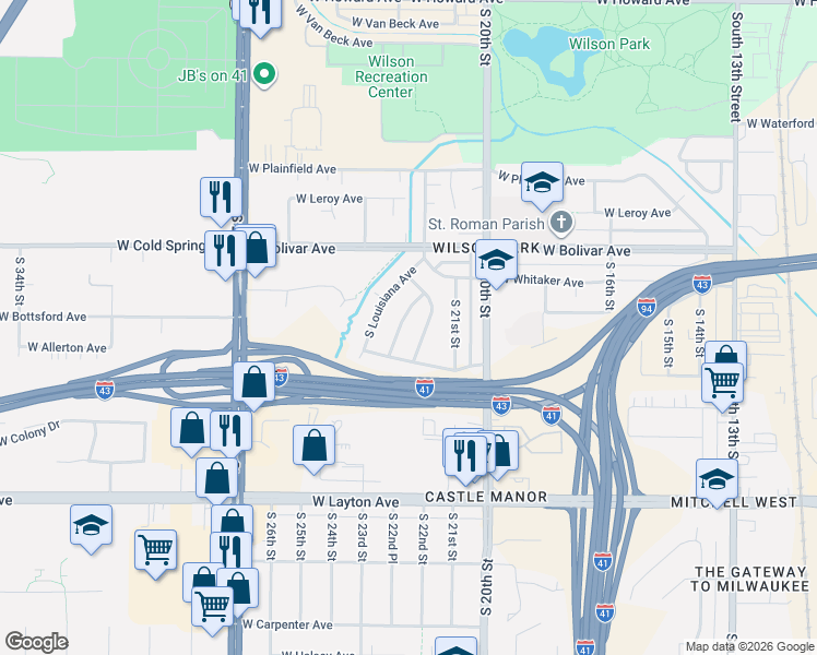 map of restaurants, bars, coffee shops, grocery stores, and more near 4408 South Kentucky Avenue in Milwaukee