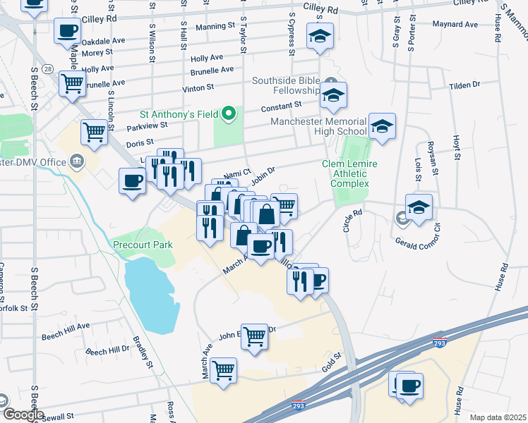 map of restaurants, bars, coffee shops, grocery stores, and more near 72 Gabrielle Street in Manchester