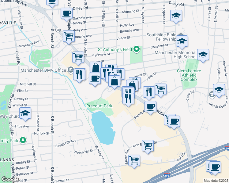map of restaurants, bars, coffee shops, grocery stores, and more near 717 S Willow St in Manchester