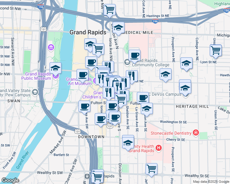 map of restaurants, bars, coffee shops, grocery stores, and more near 60 Division Avenue North in Grand Rapids