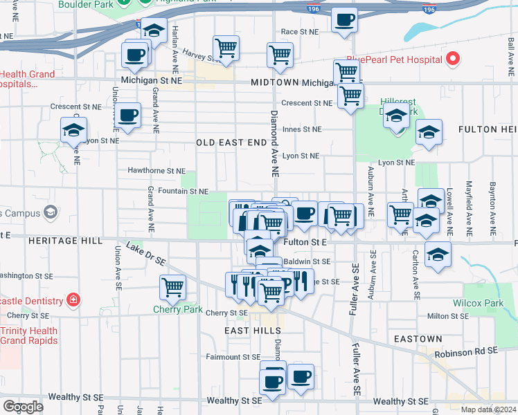 map of restaurants, bars, coffee shops, grocery stores, and more near 53 Holland Avenue Northeast in Grand Rapids