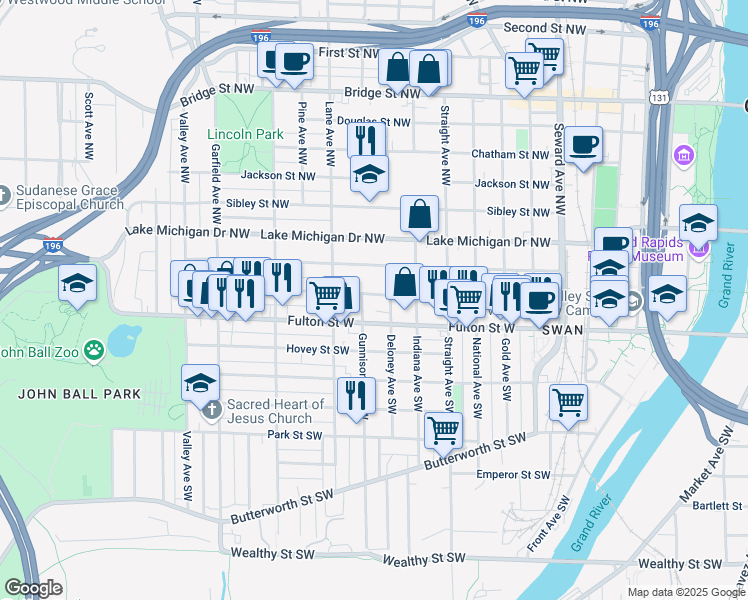 map of restaurants, bars, coffee shops, grocery stores, and more near 910 Veto Street Northwest in Grand Rapids