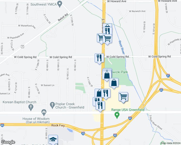 map of restaurants, bars, coffee shops, grocery stores, and more near 4438 South 110th Street in Greenfield