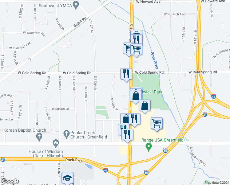 map of restaurants, bars, coffee shops, grocery stores, and more near 4402 South 110th Street in Greenfield