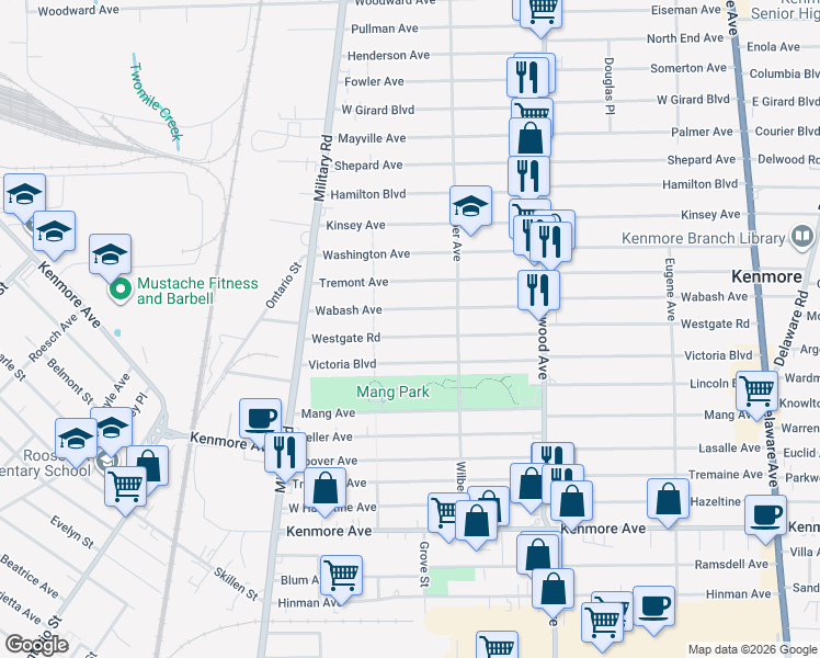 map of restaurants, bars, coffee shops, grocery stores, and more near 347 Westgate Road in Buffalo