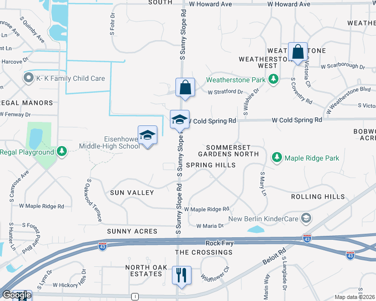 map of restaurants, bars, coffee shops, grocery stores, and more near 4400 South Sunny Slope Road in New Berlin