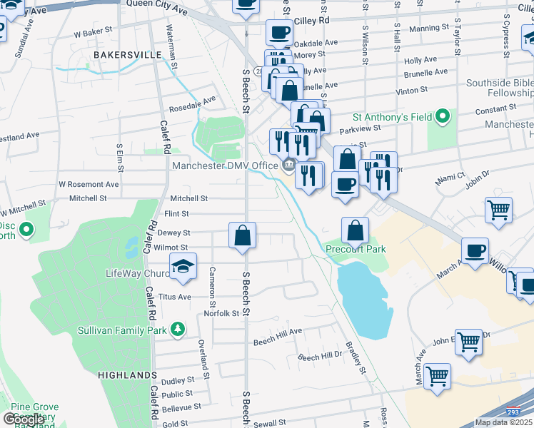 map of restaurants, bars, coffee shops, grocery stores, and more near 47 Dorchester St in Manchester