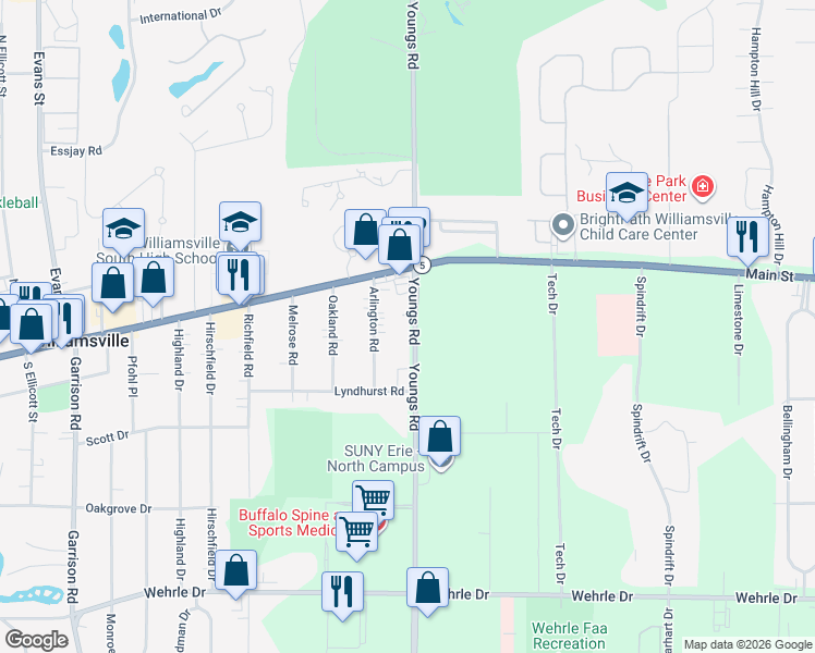 map of restaurants, bars, coffee shops, grocery stores, and more near 61 Youngs Road in Buffalo