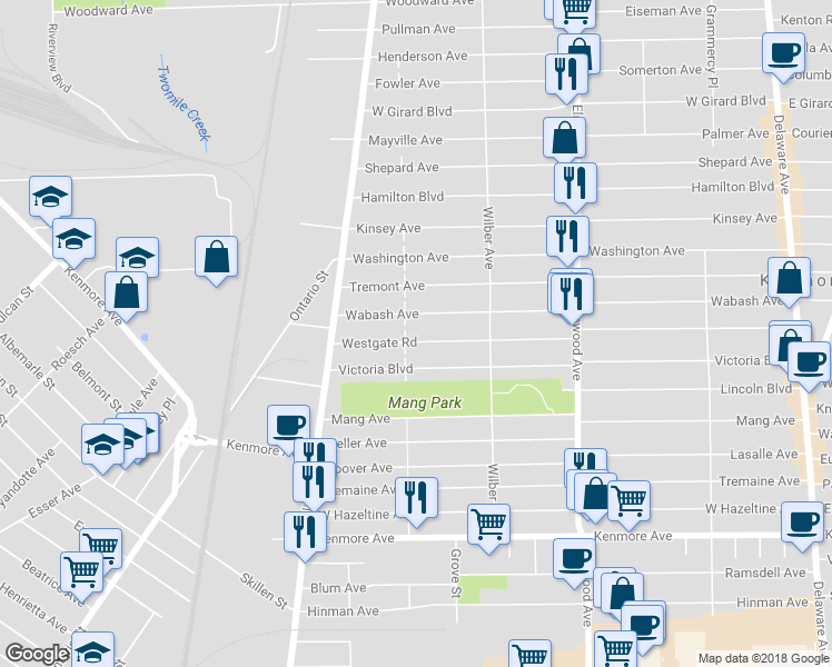 map of restaurants, bars, coffee shops, grocery stores, and more near 389 Westgate Road in Buffalo