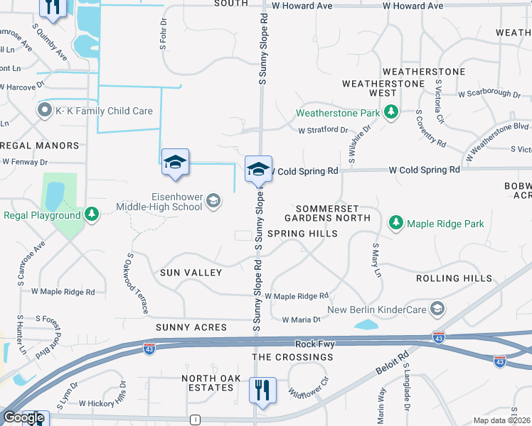 map of restaurants, bars, coffee shops, grocery stores, and more near 4400 South Sunny Slope Road in New Berlin