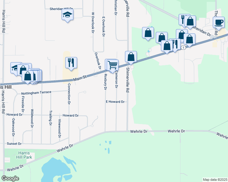 map of restaurants, bars, coffee shops, grocery stores, and more near 4306 Cameron Drive in Buffalo