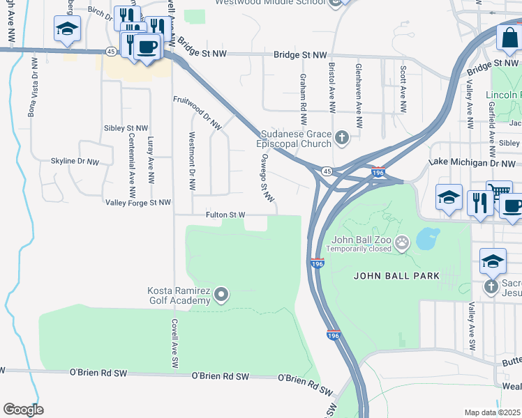 map of restaurants, bars, coffee shops, grocery stores, and more near 1751 Fulton Street West in Grand Rapids