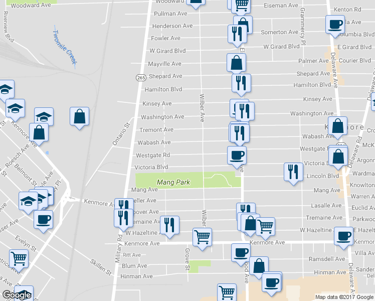 map of restaurants, bars, coffee shops, grocery stores, and more near 347 Westgate Road in Buffalo