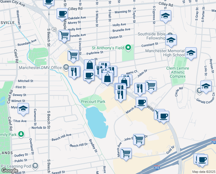 map of restaurants, bars, coffee shops, grocery stores, and more near 717 South Willow Street in Manchester