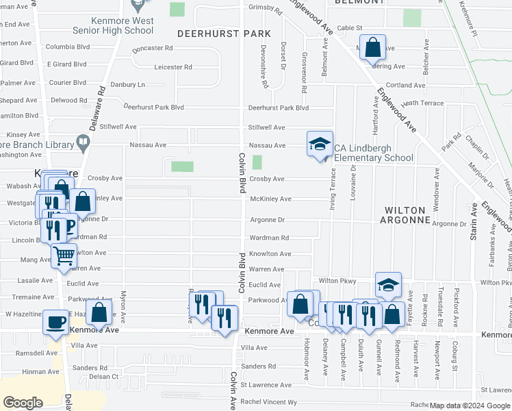 map of restaurants, bars, coffee shops, grocery stores, and more near 299 McKinley Avenue in Buffalo